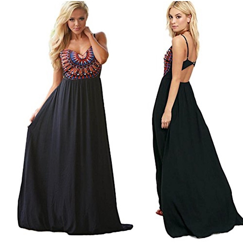 Soieblu Embroidered Aztec Boho Full Length Black Maxi Dress Open Back NEW